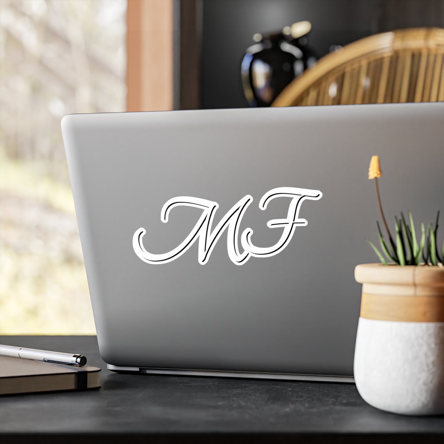 Monogram Vinyl Sticker — Elegant Script “MF” Kiss-Cut Decal