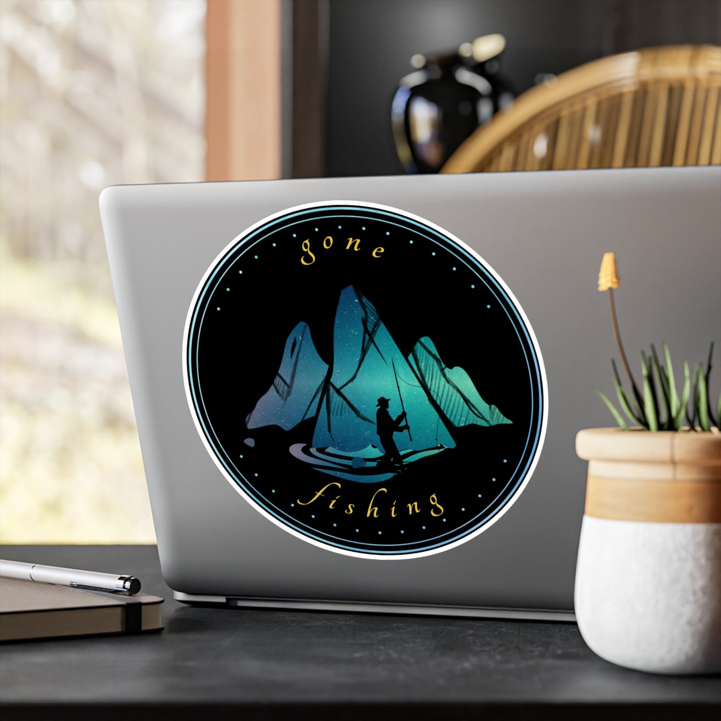 Sticker — "Gone Fishing" Mountain Night Vinyl Sticker